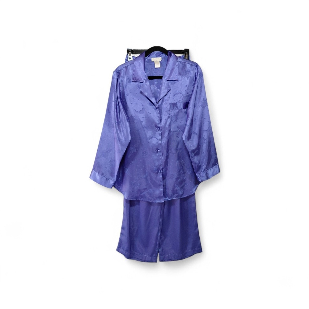 Vtg Inner Most Celestial Pajamas Women's SM Purple Shirt & Pants Set Satin Stars